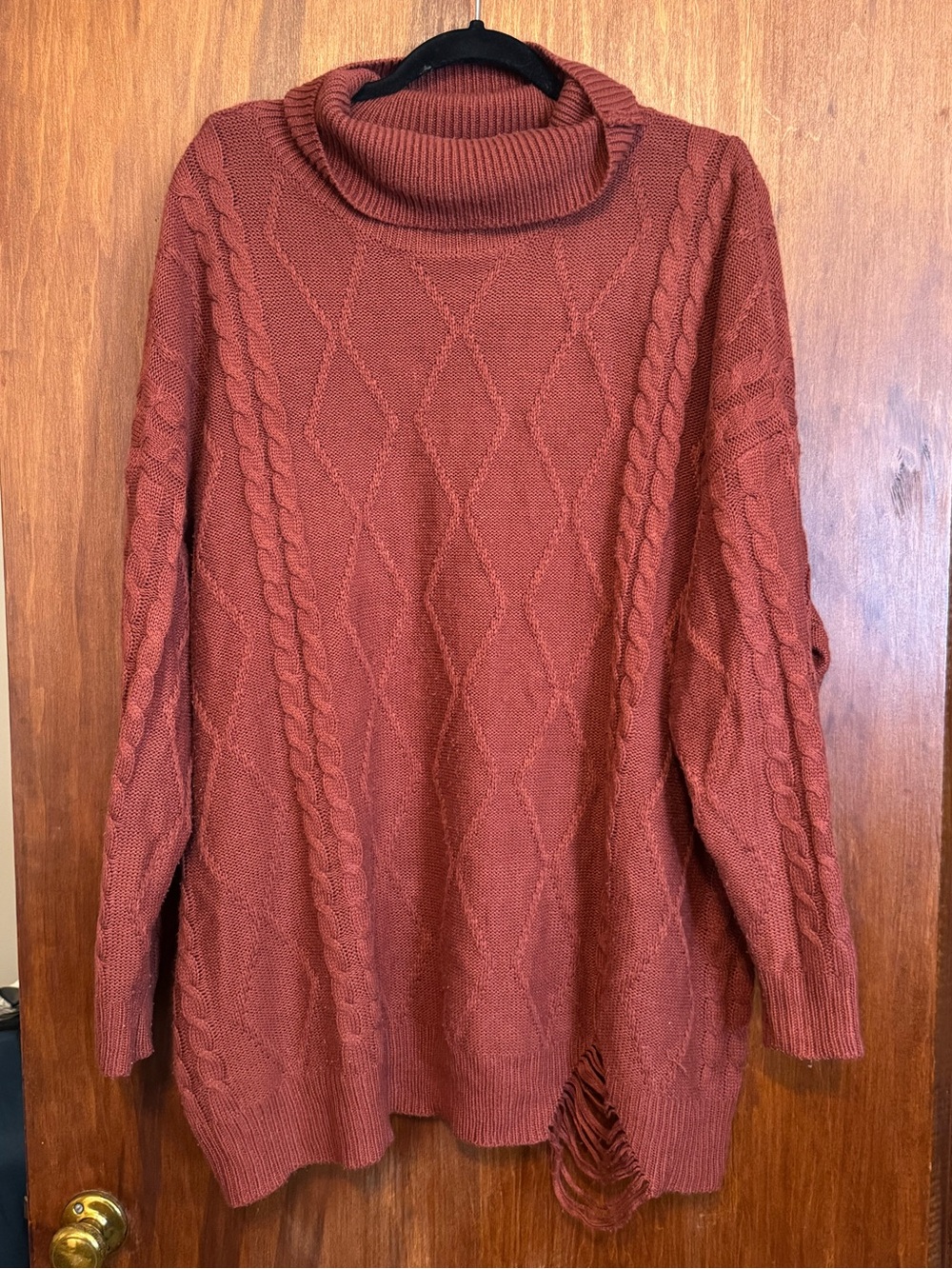Womens Plus Size Rust Orange Cowl Neck Sweater with Distressed Details - Size 3X